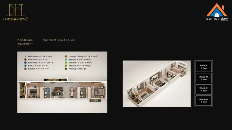 2 Bedroom Apartment (1425 sqft) Layout Plane