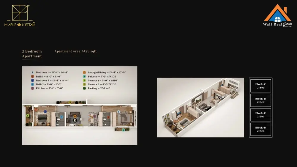 2 Bedroom Apartment (1425 sqft) Layout Plane