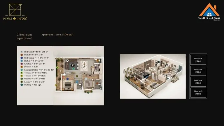 2 Bedroom Apartment (1500 sqft) Layout Plane