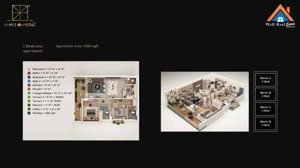 2 Bedroom Apartment (1500 sqft) Layout Plane