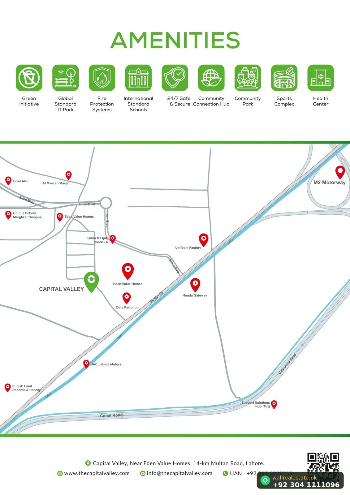 Capital Valley amenities map and Multan Road location showing M-2 Motorway, Eden Value Homes, Data Petroleum, Honda Gateway and surrounding landmarks