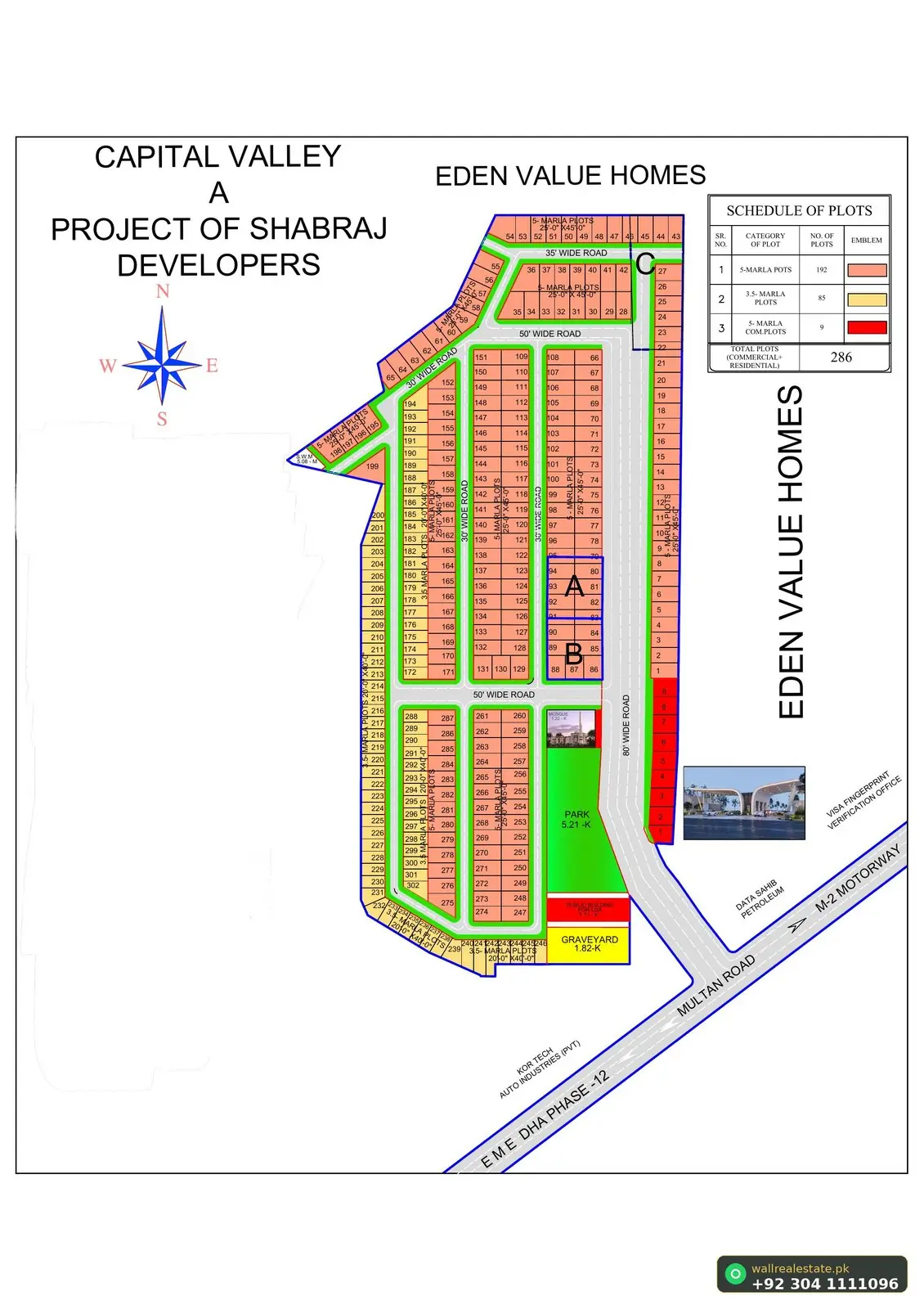Capital Valley master site plan showing 286 plots — 192 five-Marla and 85 three-and-a-half-Marla residential plots plus 9 commercial plots, with mosque, park, graveyard and LDA public building locations