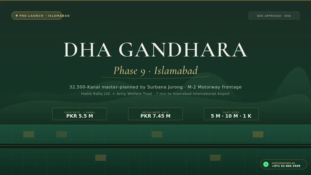 DHA Gandhara Islamabad Phase 9 — NOC-approved housing scheme near M-2 Motorway by Habib Rafiq Ltd. and Army Welfare Trust, master-planned by Surbana Jurong